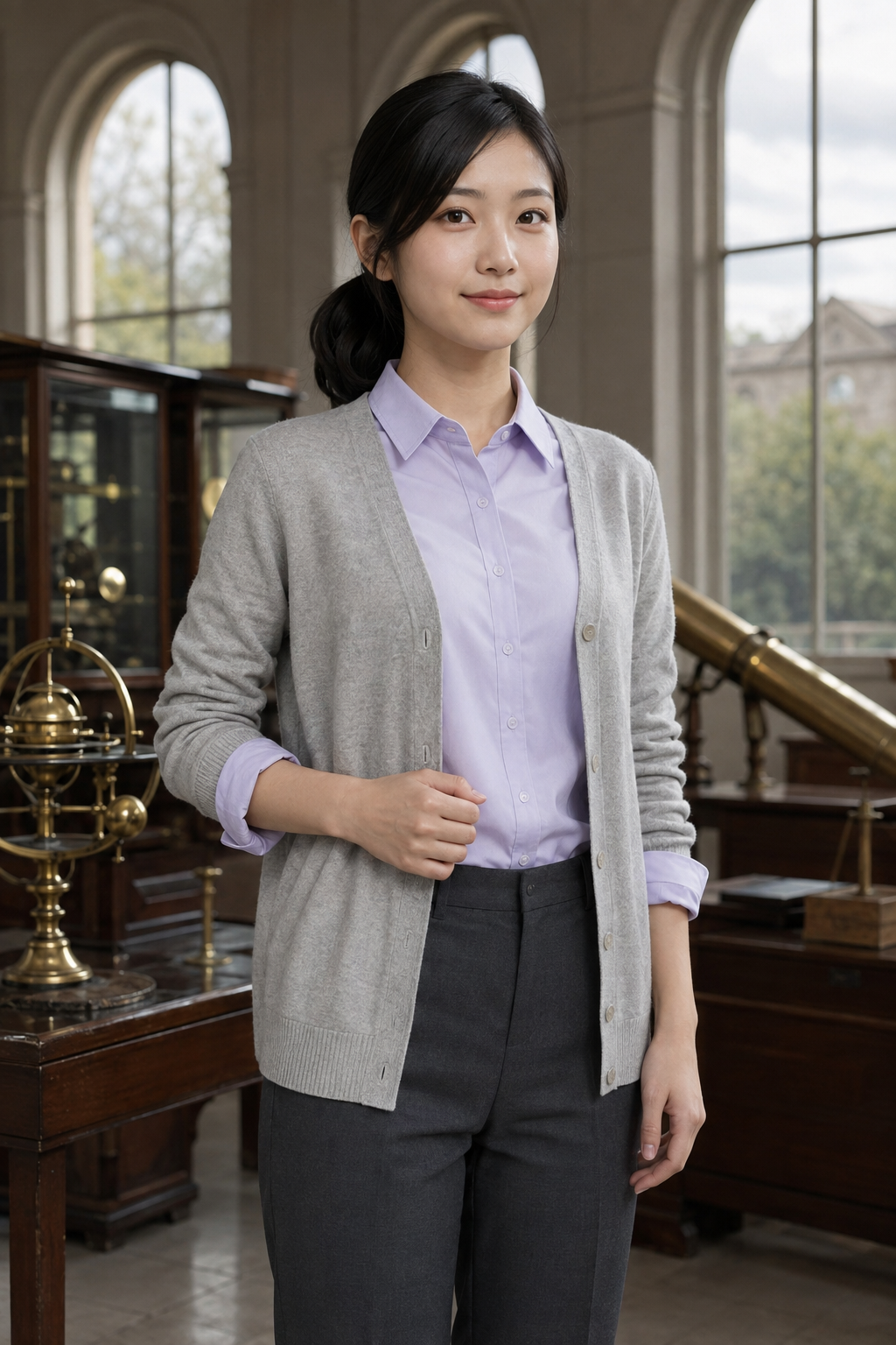 天文器具資料館・杢グレーカーディガンの制服風コスプレのAI生成例
